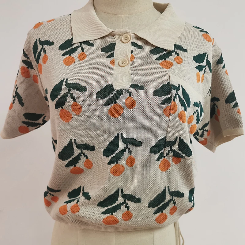 

Knitted Tops Women Summer Short Sleeve New Turn Down Collar Embroidery Slim Short T-Shirts Thin Casual Pullover Tee Shirt Female