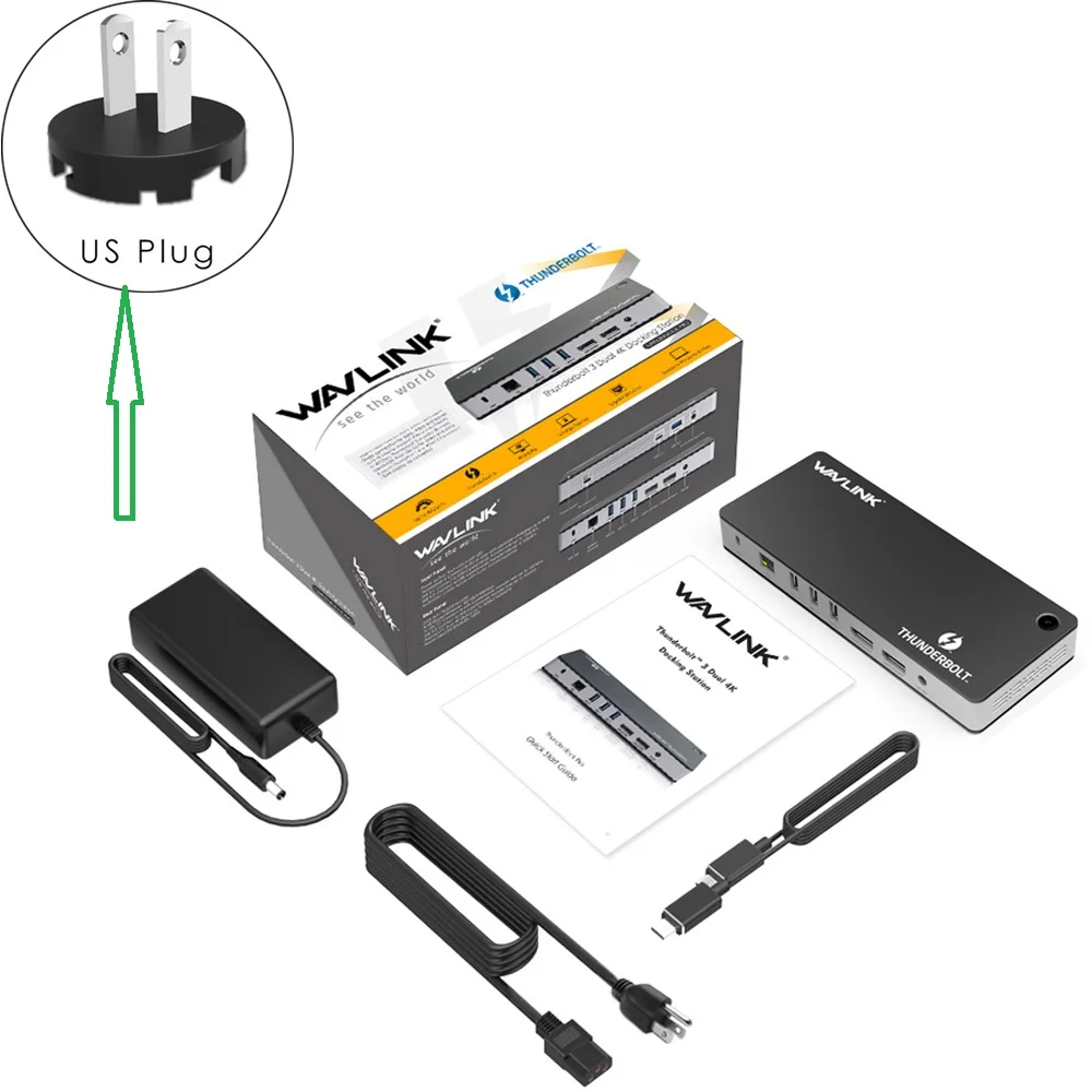 US Plug Wavlink Thunderbolt 3 USB-C док-станция двойной 4 k@ 60 Гц видео дисплей 60 Вт USB-C питания для MacBook pro Intel сертифицировано - Цвет: US Plug
