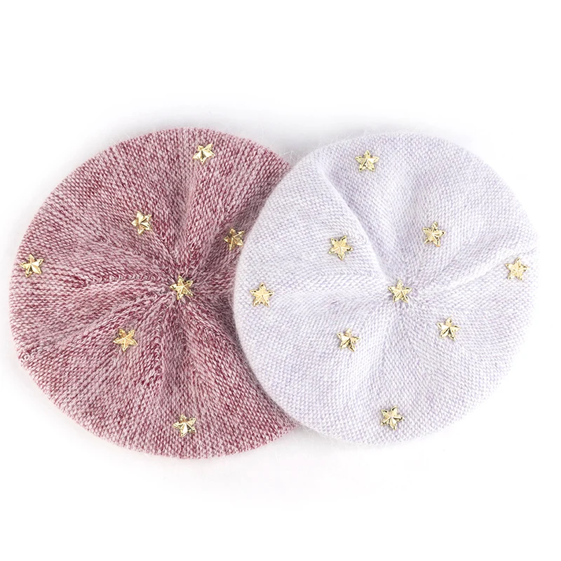 Geebro Women Star Angora rabbit Beret hat Beanies Soft Oversize Slouch hats Ladies Female Bonnet Winter Warm Fashion caps
