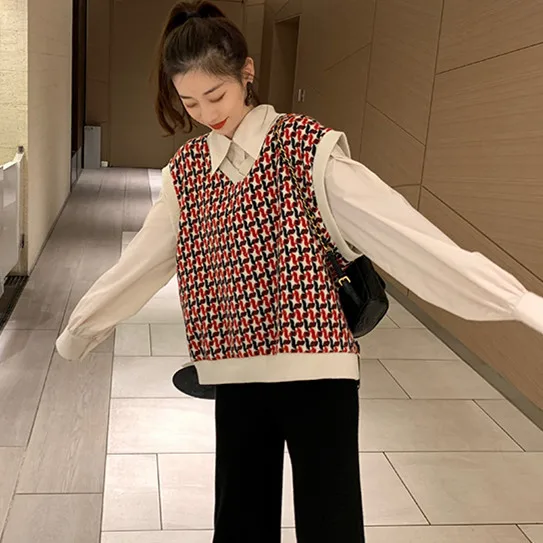 Женский пуловер без рукавов весна 2020 корейский стиль винтажный геометрический v
