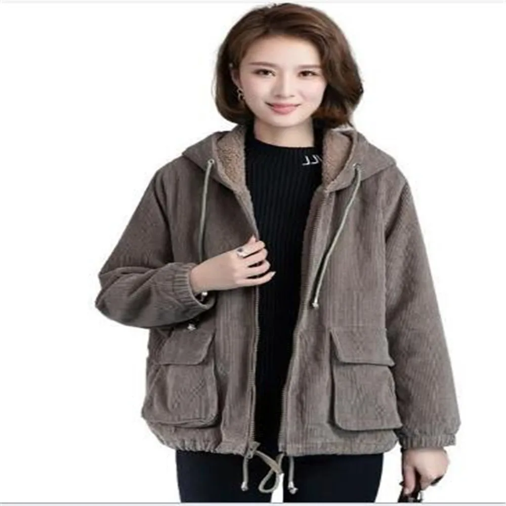 

Autumn Winter Fashion Casual New Corduroy Hooded Plus Velvet Padded Jacket Coat Short Loose Women's Tops Outwear