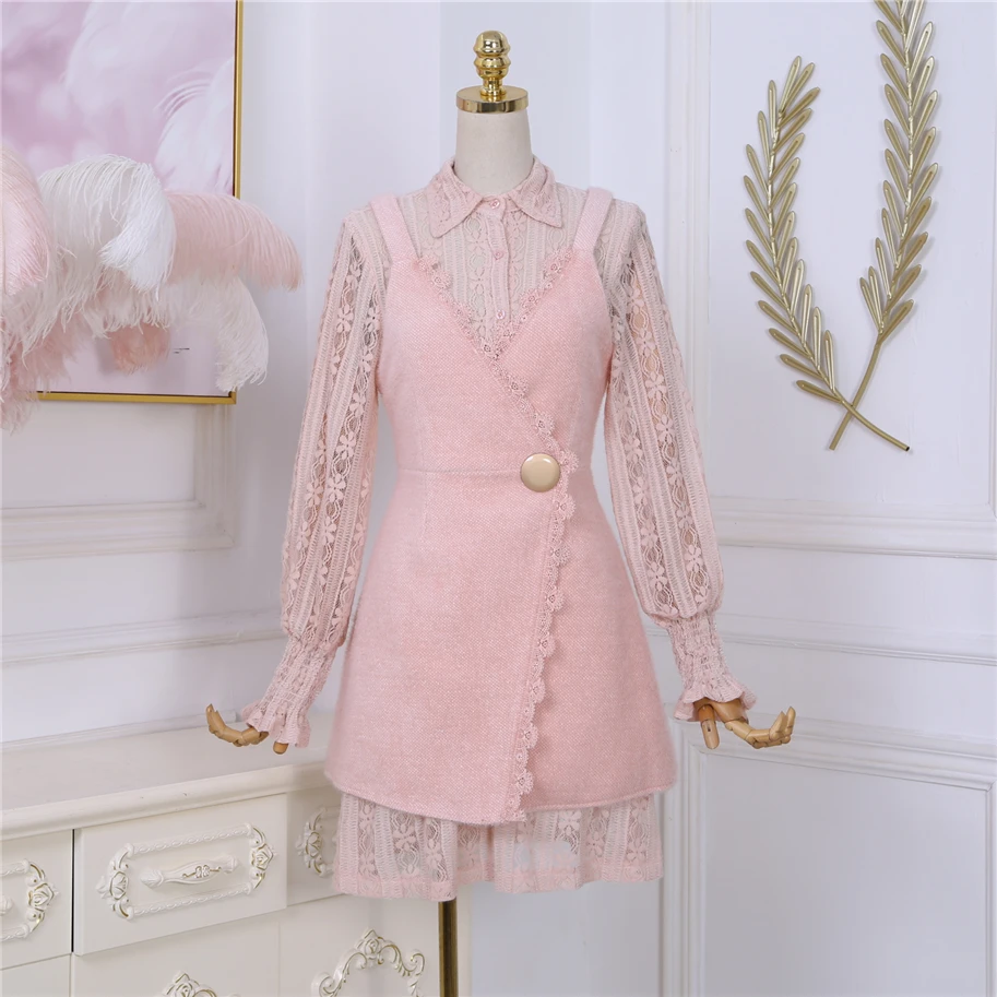 Женский костюм из двух предметов кружевной топ с рукавами-пузырьками и отложным