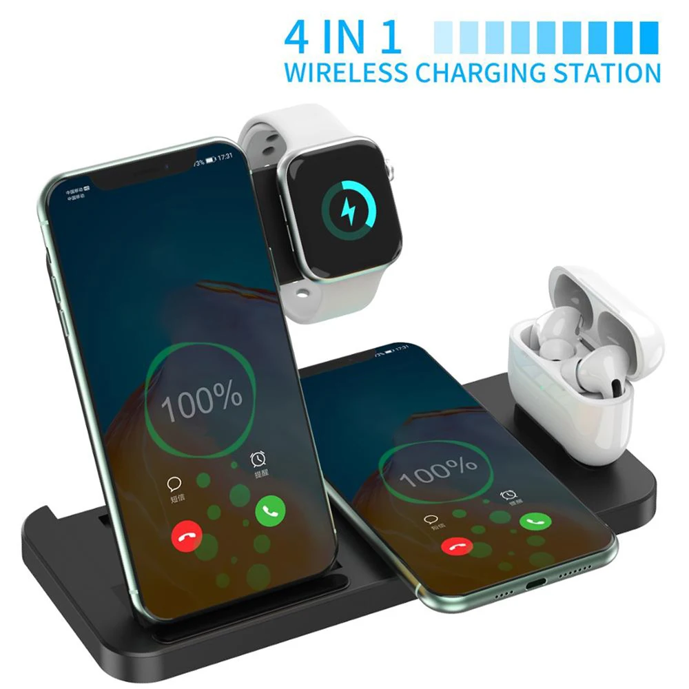 Soporte de cargador inal&aacute;mbrico r&aacute;pido Qi de 18W para iPhone 11, XR, X, 8, Apple Watch, 4 en 1, estaci&oacute;n de carga plegable para Airpods Pro, iWatch-2