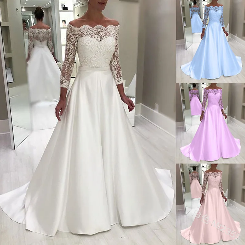 

Lady Off Shoulder Lace Sleeve Bridesmaid Wedding Maxi Dress Floor Length Princess Evening Porm