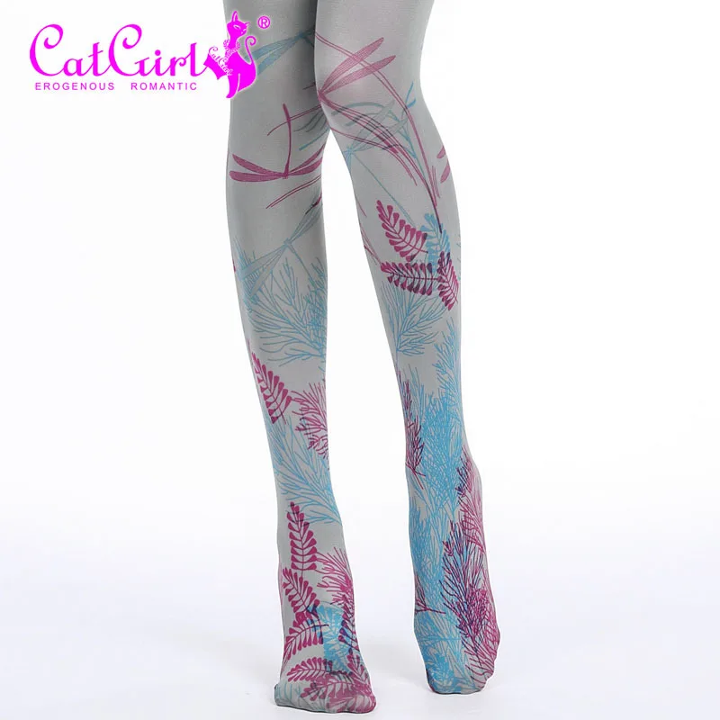 

Womens Printed Silk Stockings Individual Japanese Tattoo Pantyhose Gray Natural Dragonfly ladies