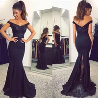 sexy off the shoulder navy blue satin mermaid long prom dresses lace applique beaded sweep train formal party evening gowns