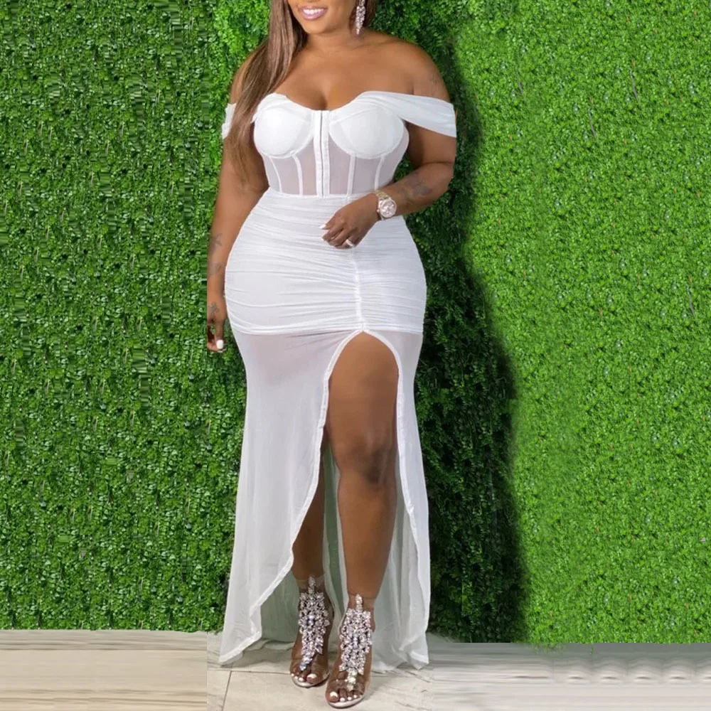 

Summer New 2021 Fashion Solid Color High Waist Split Fork Sexy Perspective Irregular Dress Women's Clothing Design Simplicity