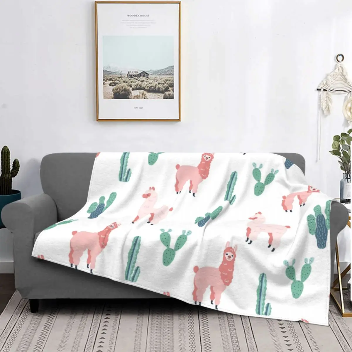 

Alpaca And Cactus Pattern Illustration Blankets Flannel Autumn/Winter Portable Warm Throw Blankets for Bedding Couch Rug Piece
