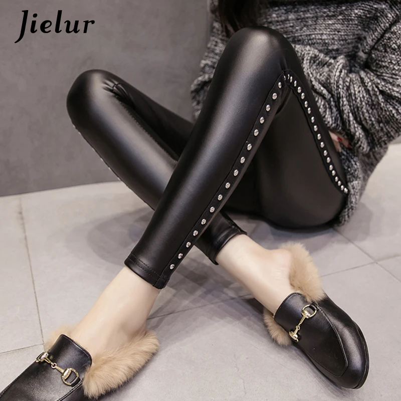 Jielur Зимние флисовые матовые леггинсы из искусственной кожи женские модные с