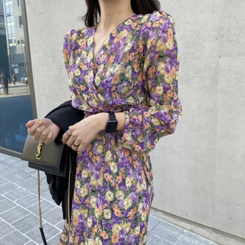 Женское шифоновое платье с высокой талией элегантное винтажное фиолетового