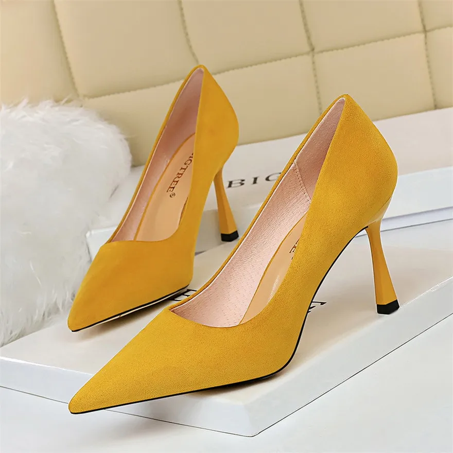 

BIGTREE Women Pumps Concise Solid Flock Shallow High Heel Shoes Woman Yellow Red Black Party Pointy Toe Work Ladies Wedding Shoe