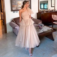 eeqasn champagne tulle midi cocktail dress tiered one shoulder formal evening dresses for women party tea length hocoming gowns