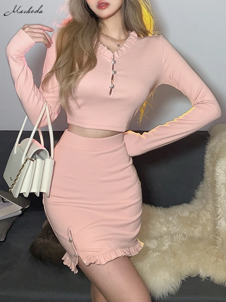 

Marcheda Spring v-neck slim long-sleeved crop top with high-waisted slim hip-hugging skirt soft slim two-piece women's dress