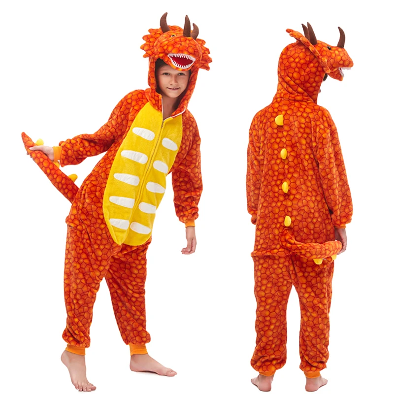 3D Dinosau-Orange Кигуруми Дети Onesie единорог пижамы для детей животных одеяло с динозавром пижамы Детский костюм зима мальчик девочка Единорог Jumspuit - Цвет: 3D Dinosau-Orange