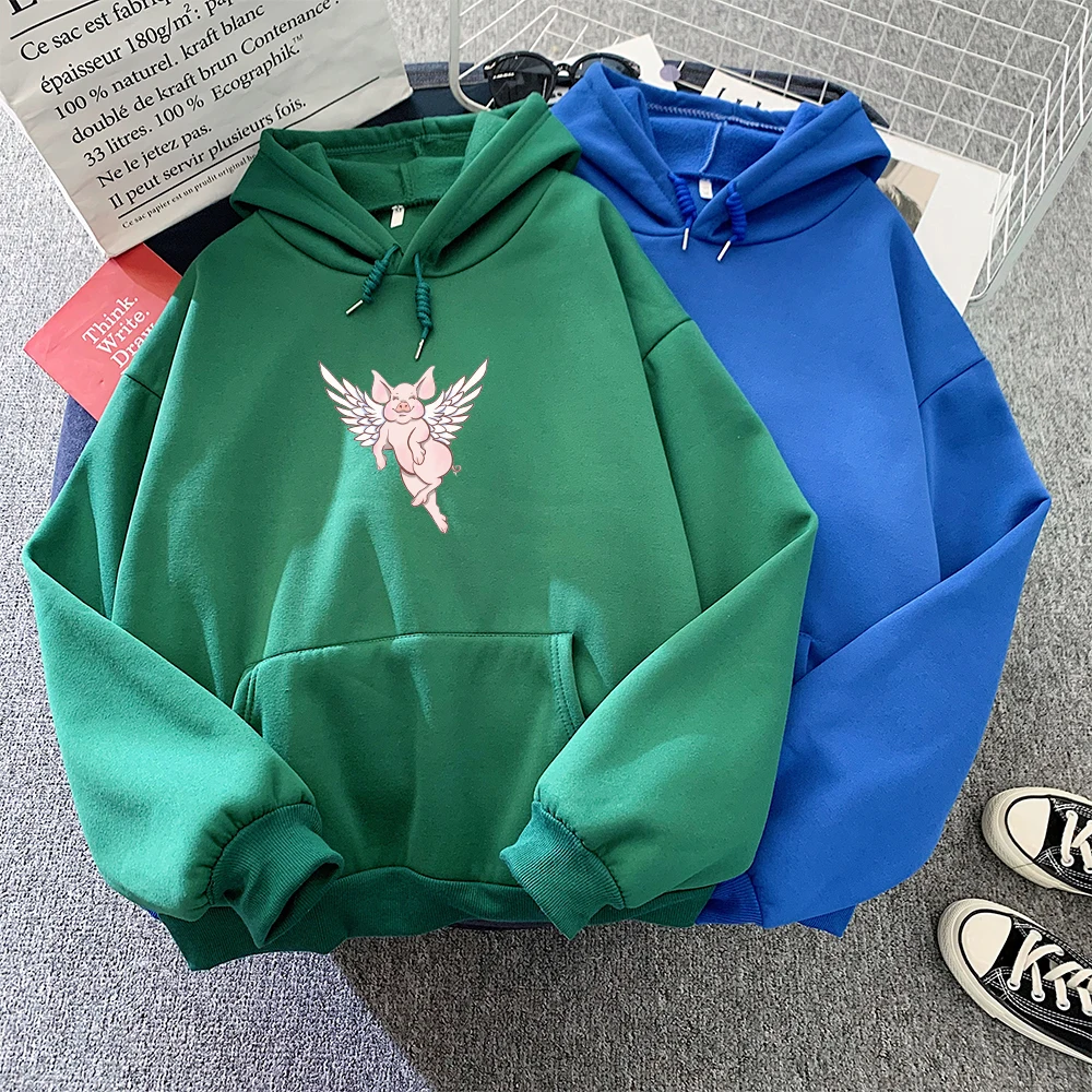 Angel Pig Hoodie Casual Pullover Gothic Aesthetic Clothing Harajuku Oversize Sweetshirt for Girls Cartoon Print Women Winter Top