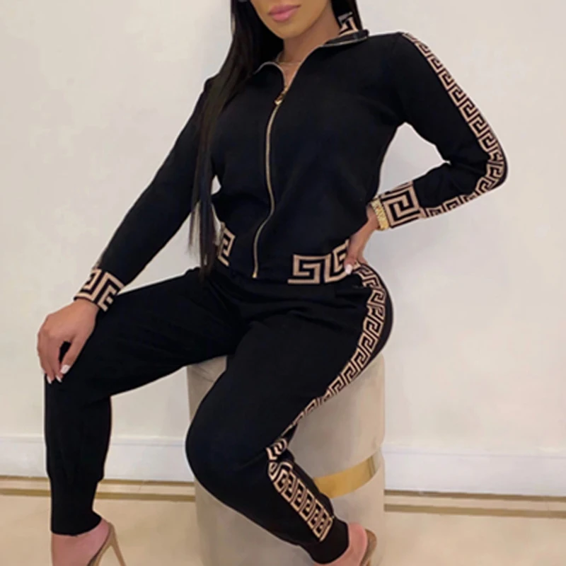 

2021 Tracksuit Women Elegant Two-Piece Suit Female Pattern Print Patchwork Coat & Pant Zip Set Autumn Winter Retro Sets Harajuku