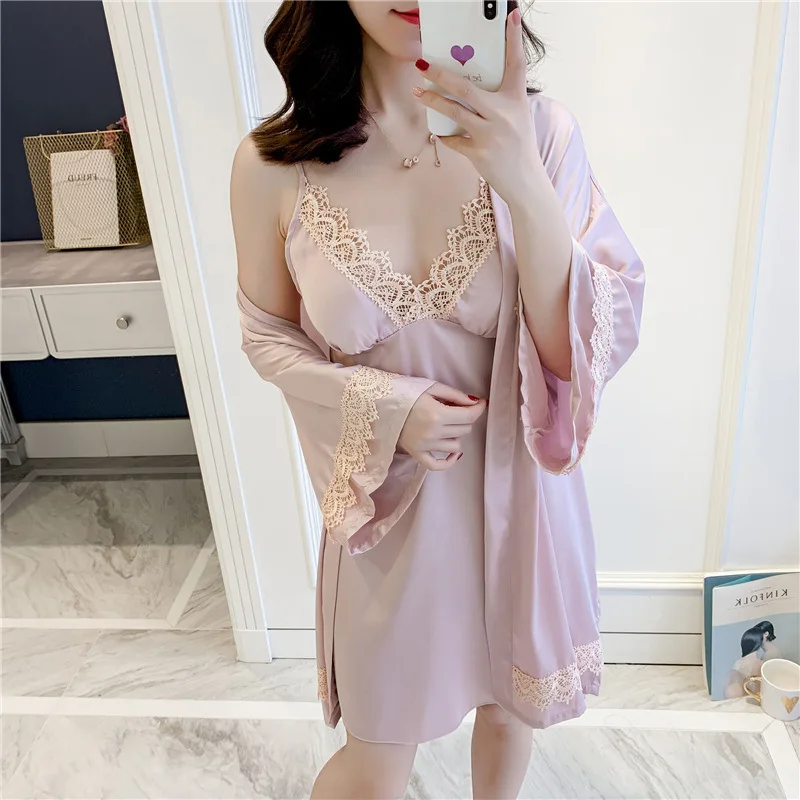 

Silk Kimono Bathrobe For Women Bride Bridesmaid Wedding Robe Set Sexy Lace Trim Sleepwear Casual Home Clothes Nightwear