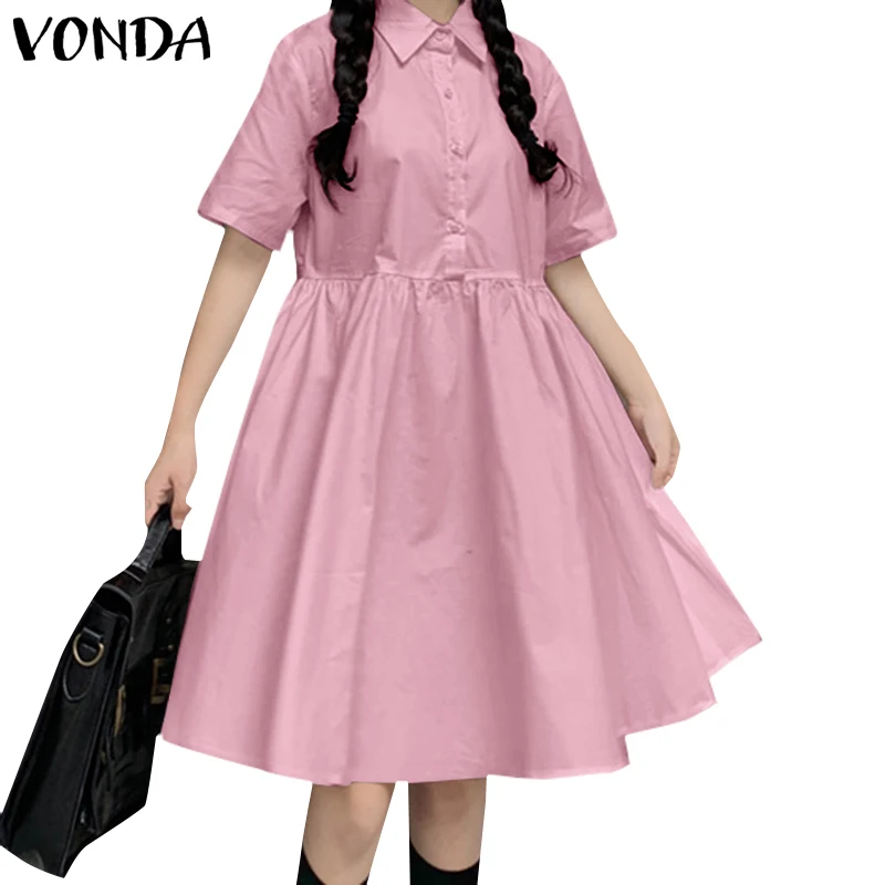

2021 VONDA Sundress Women Casual Shirt Dress Vintage Turn Down Neck Party Mini Dresses Bohemian Summer Beach Vestidos