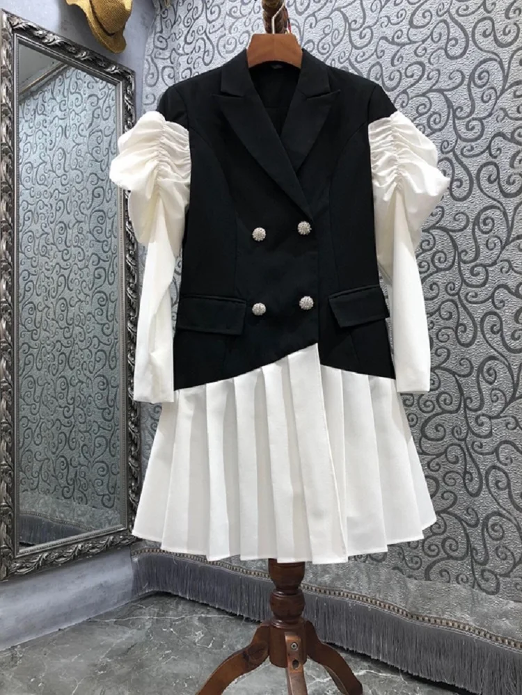 

One Piece Dress 2021 Autumn Winter Style Women Turn-down Collar White Black Color Block Patchwork Long Sleeve Pleated Dress