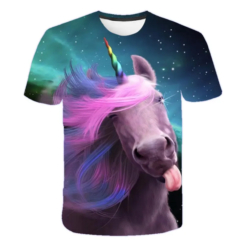 

2021 summer 3D printed O-neck T-shirt girl unicorn top boy girl streetwear