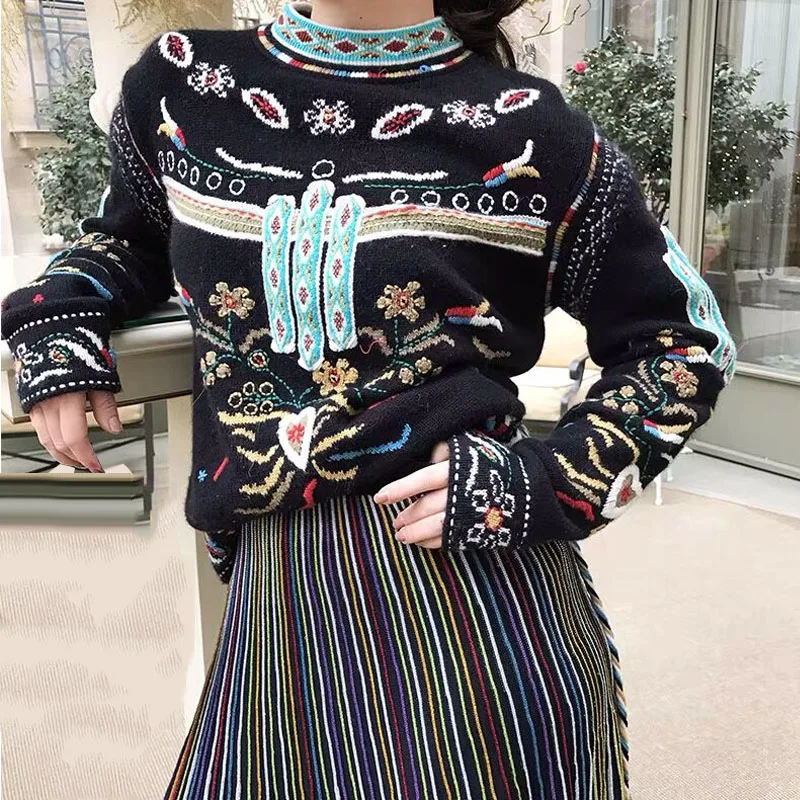 Runway Sweater Women Luxury Brand Design Elegant Vintage Embroidery Loose Knitted Pullovers Tops Mujer pull femme nouveaute 2019 | Женская