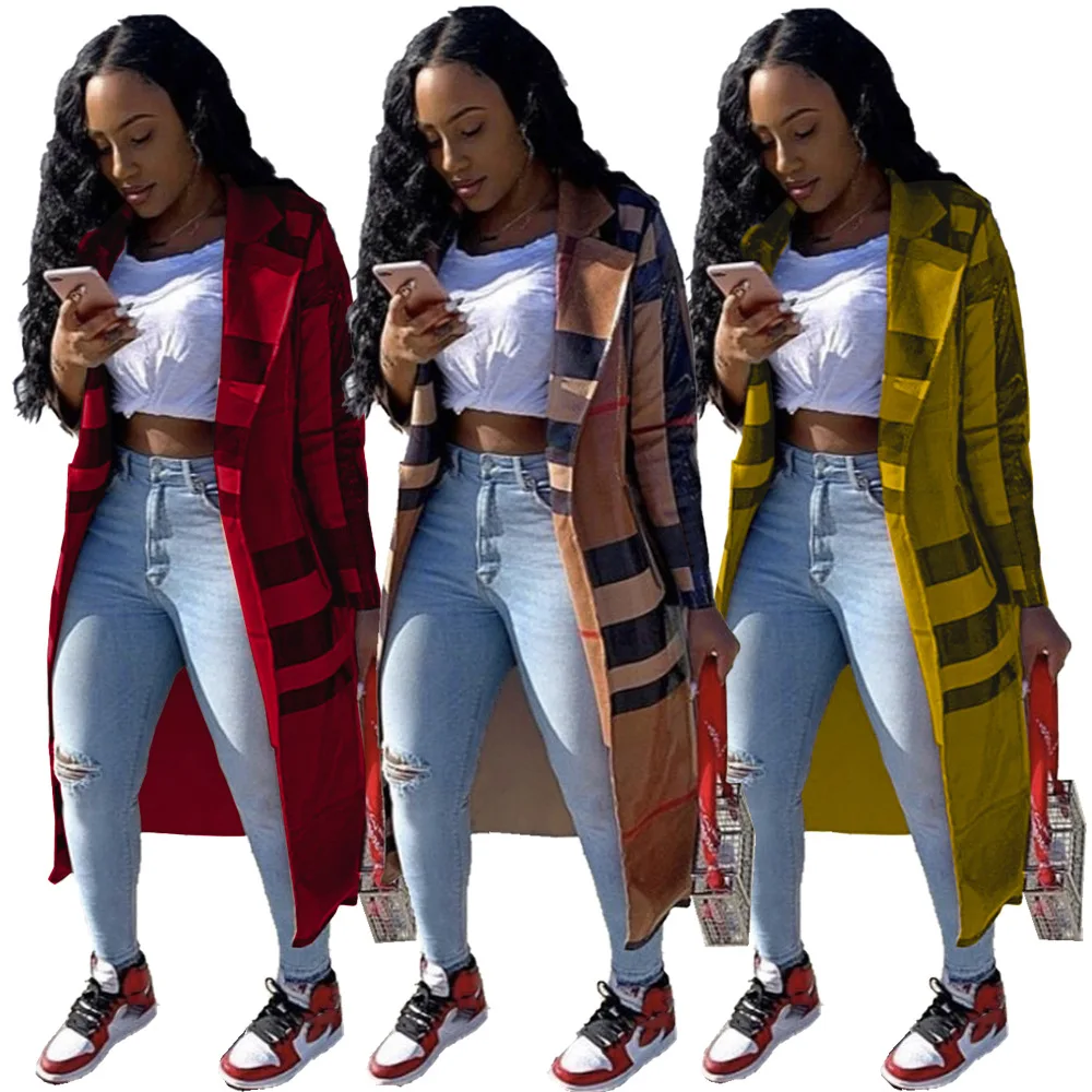 

FNOCE 2021 new spring women's coats fashion trends streetwear elegant Plaid patchwork long sleeve X-Long slim windbreaker