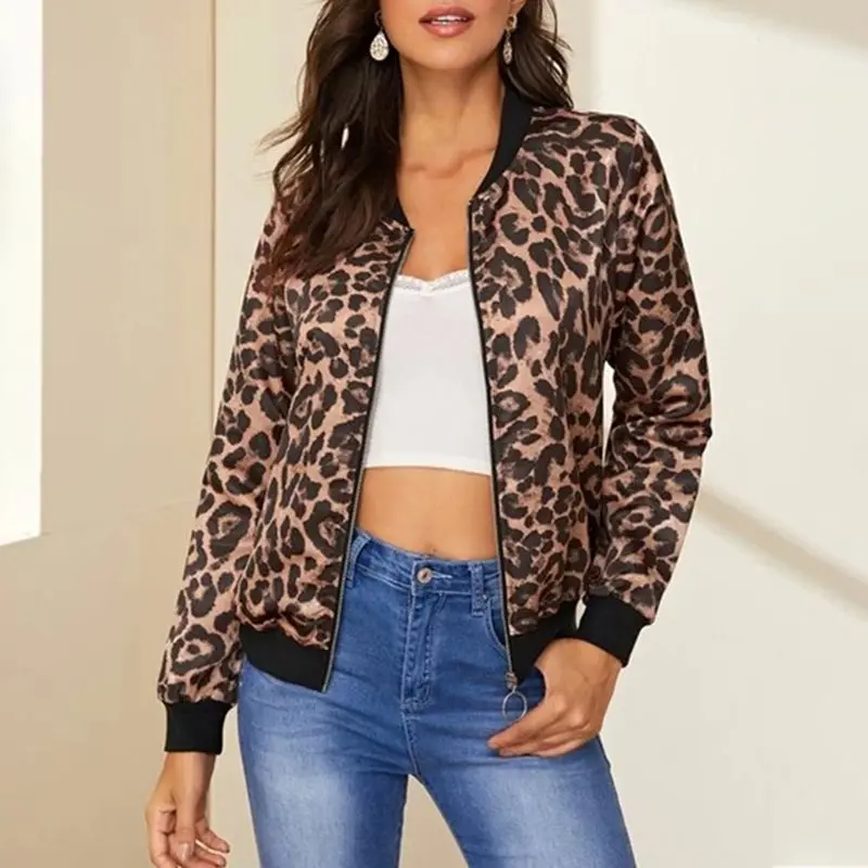 Женская бейсбольная куртка с леопардовым принтом длинным рукавом на молнии