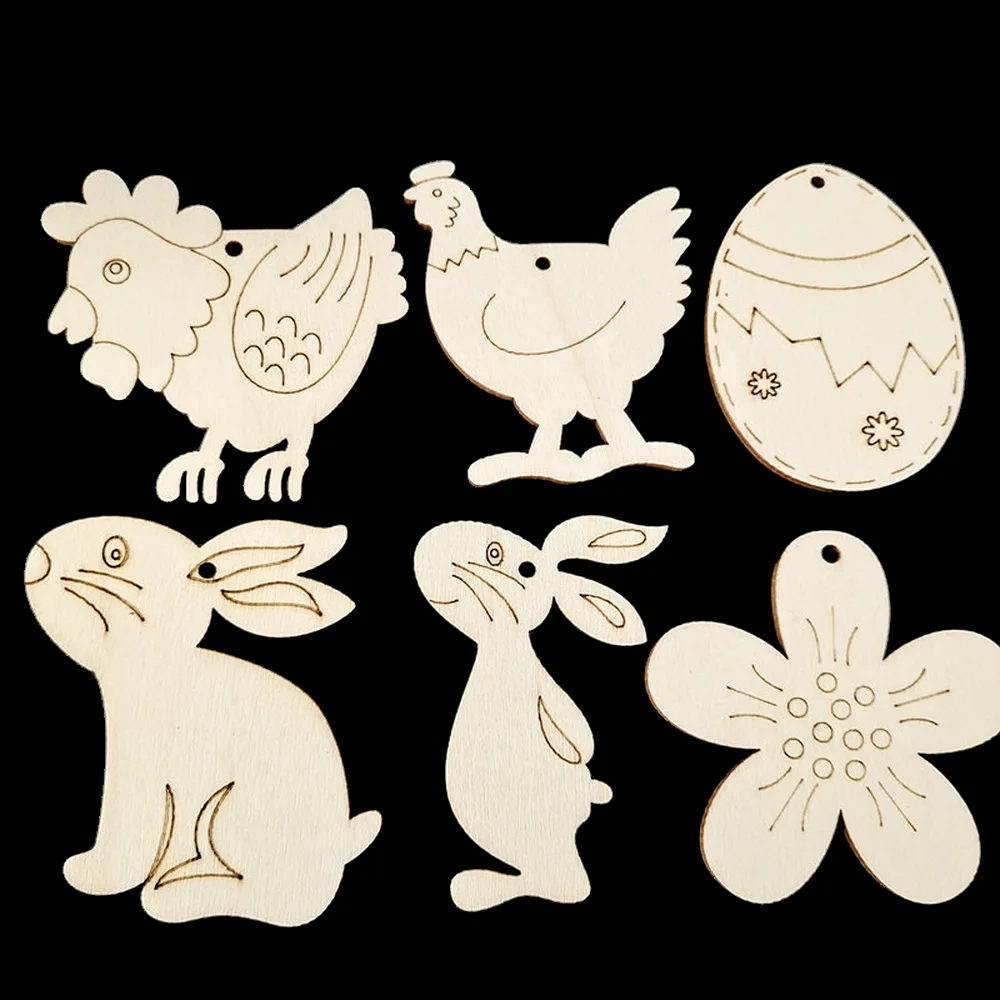 

10pcs Happy Easter Wooden Easter Decoration for Home Easter Party Supplies Hand Painted DIY Craft Wood Chip Hanging Ornaments