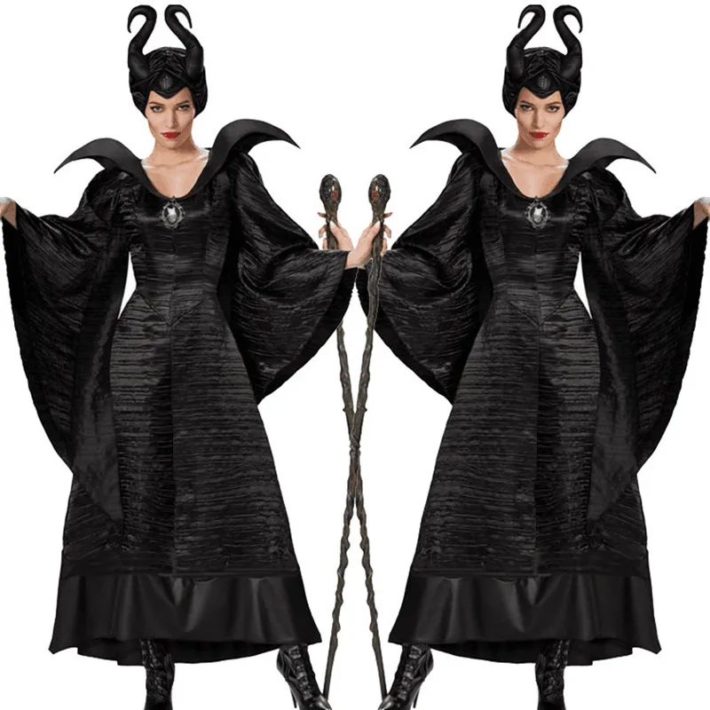 

Halloween Adult Ladies Movie Luxury Black Long Dress Evil Witch Cosplay Robe Costume with Horns Horn Headdress