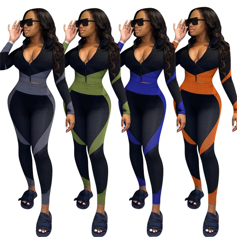 

Женский спортивный костюм из двух предметов, укороченный Топ с длинным рукавом и леггинсы