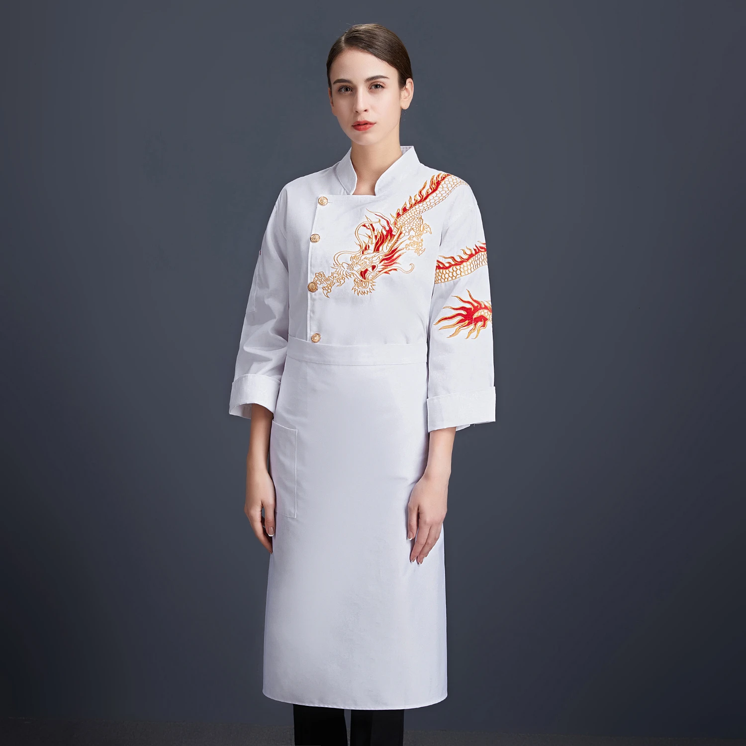 Single-breasted Dragon Print White Long Sleeve Chef Uniform Unisex High-quality Overalls Cafe Cafeteria Haird Salon Waiter Shirt |