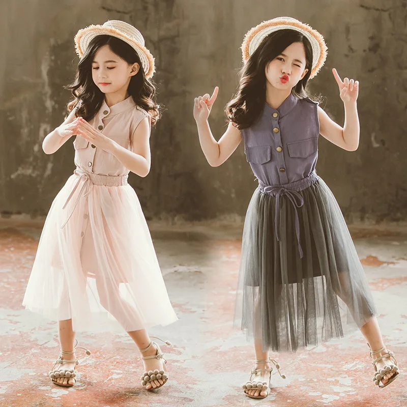 Комплект детской одежды для девочек однотонное платье + юбка летняя одежда из 2