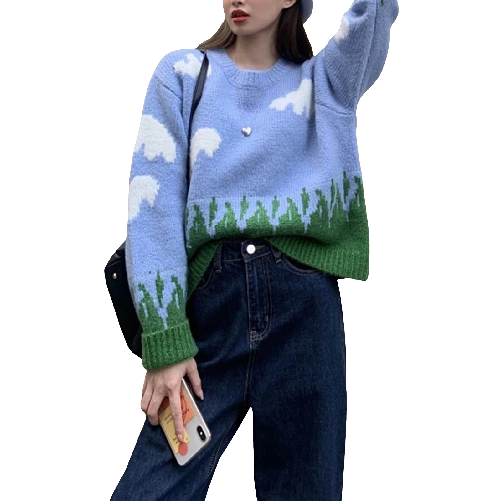 Женские свободные свитера с круглым вырезом Повседневные вязаные пуловеры