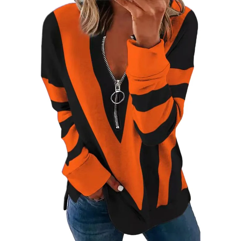 

2021 Autumn Winter T Shirts Women Zipper V-Neck Striped Shirts Casual Loose Long Sleeve Tops Fashion Female Tee Street Clothes