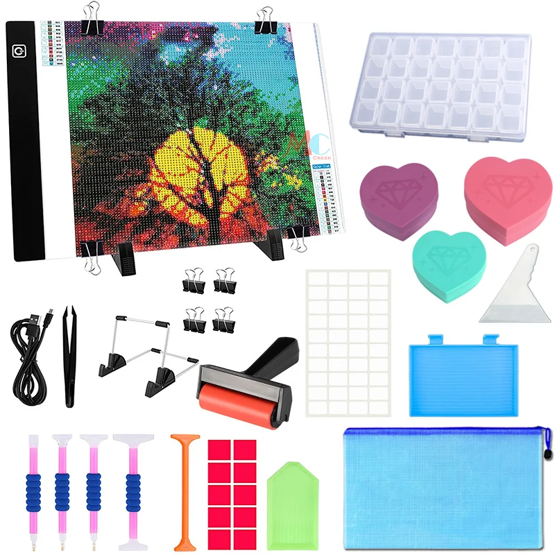 

Diamond Painting Cross Stitch Tool Set A4 LED Light Pad, Pen, Tweezers, Clay, Tray, Roller and Diamond Embroidery Box Accessorie