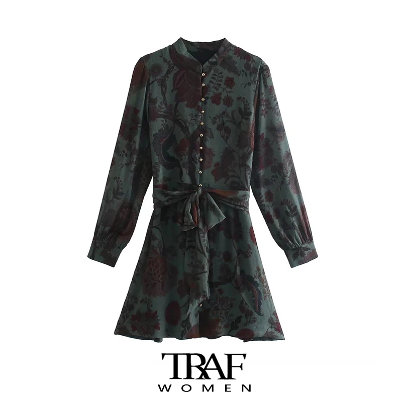 

TRAF Women Chic Fashion With Belt Floral Print Mini Dress Vintage Long Sleeve Front Buttons Female Dresses Vestidos Mujer