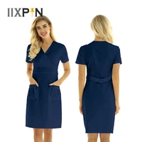 women adults nursing uniform v neck short sleeves mock wrap beauty salon dress hospital nurse scrub lab coat uniform dress