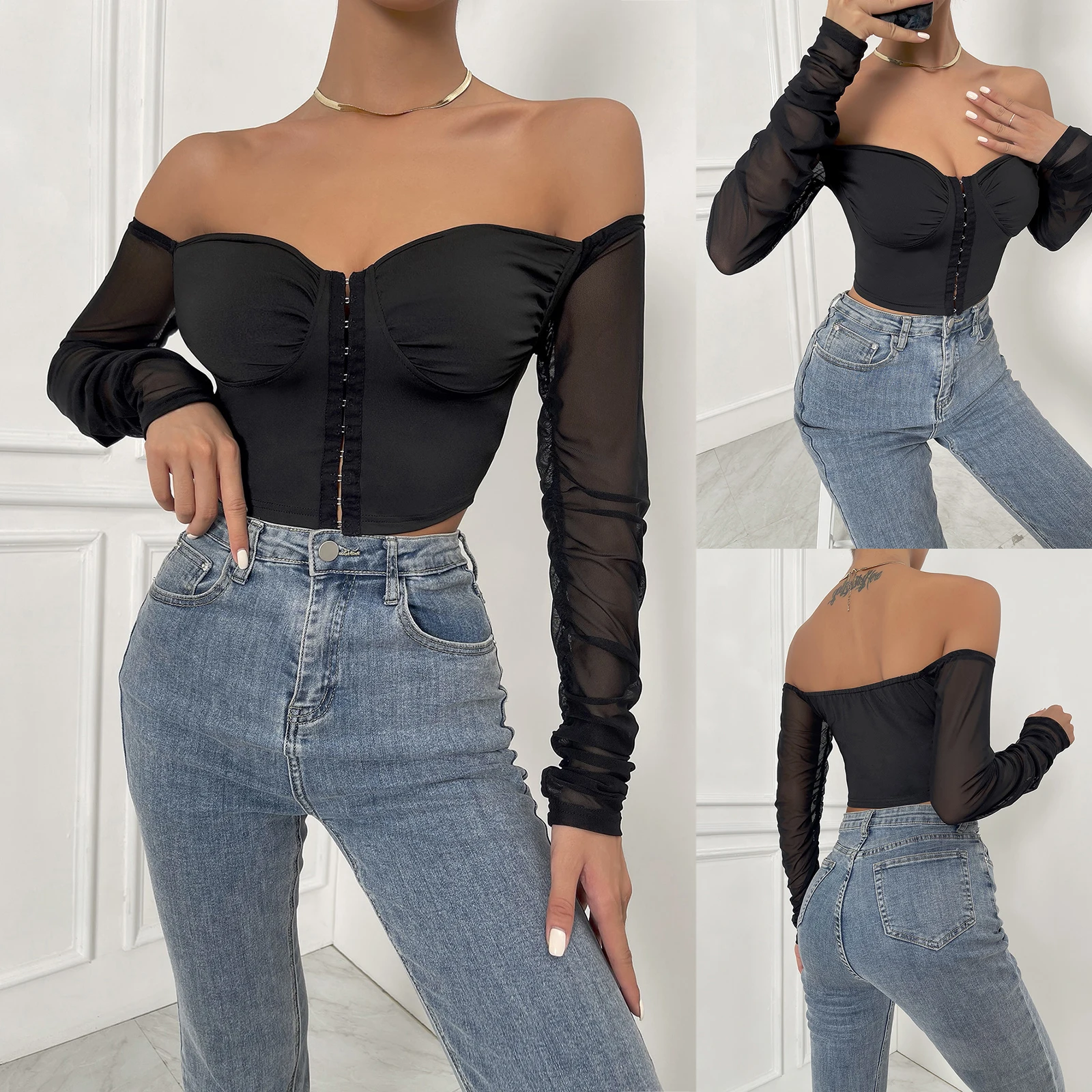 

Women's Off Shoulder Crop Tops, Sexy Sheer Long Sleeve Solid Color Central Clasp T-Shirts 2022 New Fashion