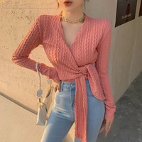 sexy v neck sweater women lace up chic knitted cardigan warm base fall winter solid rib female cardigan elegant office lady tops