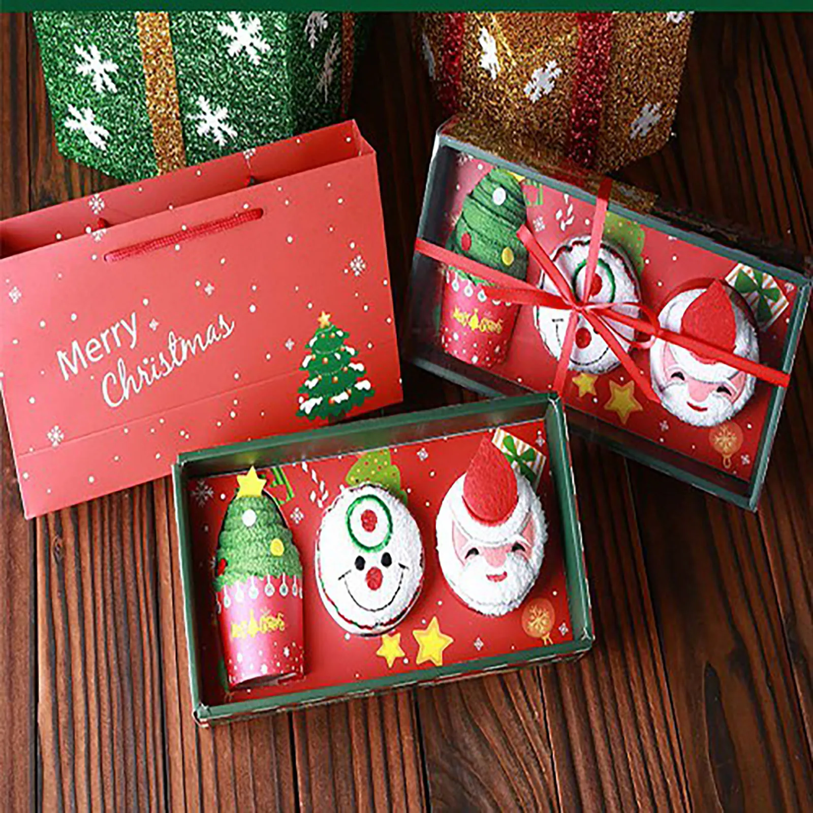 

Ouneed 1/3pcs towel Set Christmas Tree Snowman Santa Claus pattern Creative Towel Cake Modelling Cotton Towel Creative Gifts New