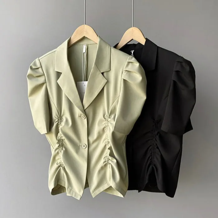 

2021 Summer New Tailored Collar Short Sleeve Women's Bubble Sleeve Pleating Top Shirt