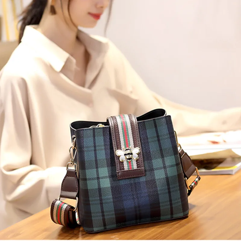 Сумки-мешки в клетку из натуральной кожи для женщин повседневные вместительные