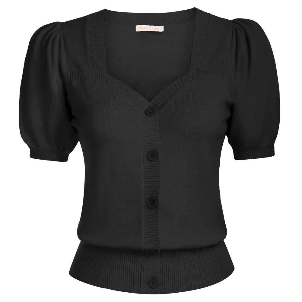 

Women Vintage V-Neck Cardigan Sweater Comfy Puffed Short Sleeve Knitwear Comfortable Knitted Fabric Sleeve Openings