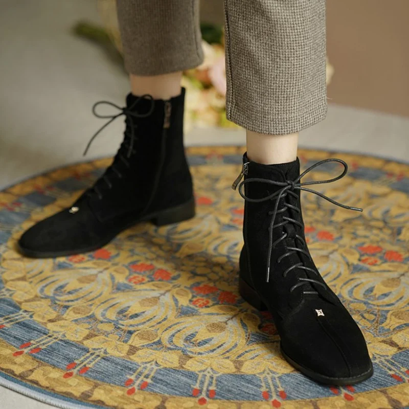 

KemeKiss Women Ankle Boots Shoes Round Toe Cross Strap Zipper Flock Shoes Solid Color Retro Fashion Ladies Footwear Size 32-46