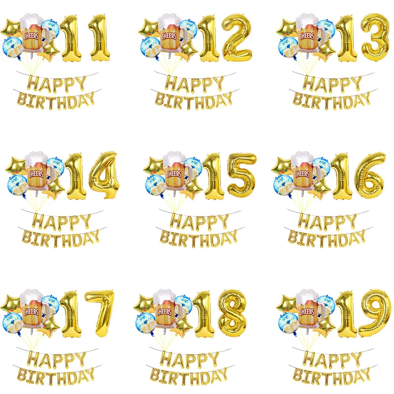 Globos de cumpleaños, tazas de cerveza, vasos de vino, pancartas con número, suministros de decoración para fiestas, 20 Uds., 10, 11, 13, 14, 15, 16, 17, 18, 19 años