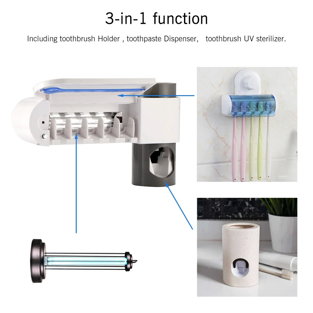 

Toothbrush Sterilizer Antibacteria 2 in 1 UV Light Ultraviolet Automatic Toothpaste Dispenser Holder Cleaner
