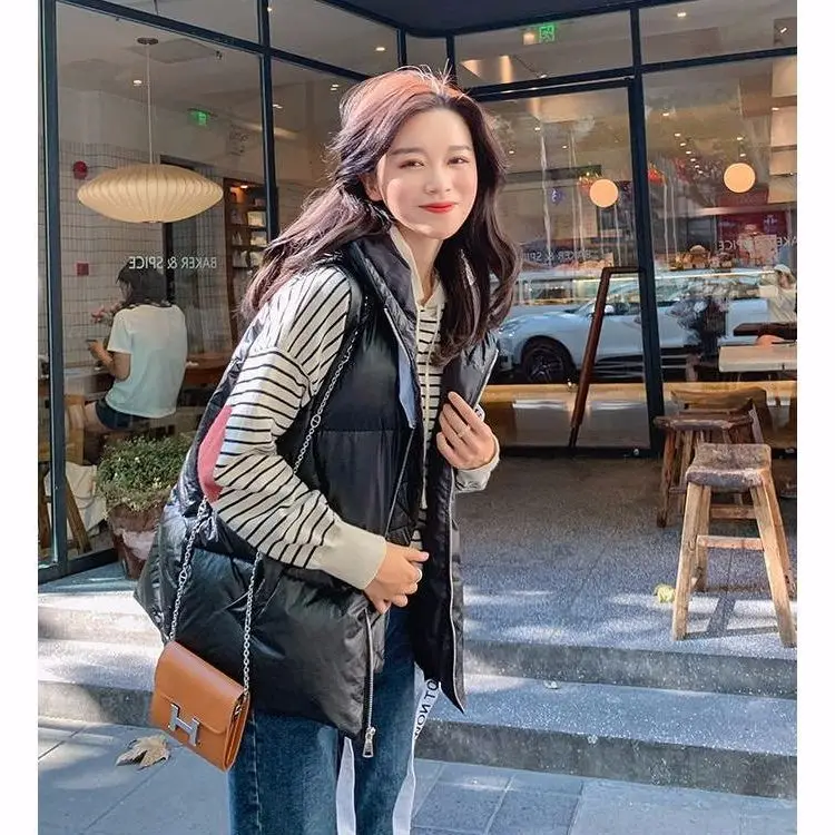 2020 Autumn Winter New Style Korean-style Thick Bright Surface Cotton Vest Student Loose Hooded Parka Gilet Coat | Женская одежда