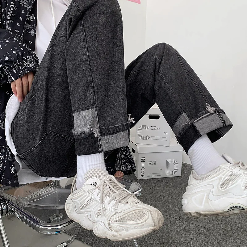 ICCLEK 2021 Autumn New Cuffed Jeans Straight Jeans Men's Wide-leg Pants Loose Retro Trousers  Mens Loose Jeans  Painted Jeans