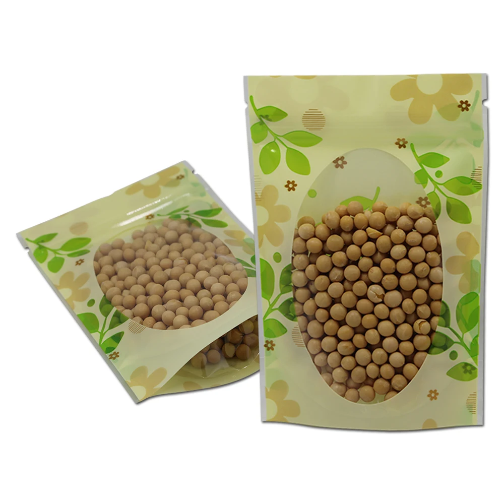 

1000Pcs Green Leaves Stand Up Plastic Tear Notch Zip Lock with Clear Window Food Retail Packing Bag Zipper Grains Nuts Pouches