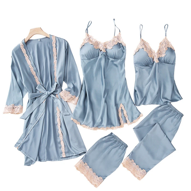 

Sexy Spring Robe Kimono Sleepwear Sleep Sets Womens 5pcs Strap Top Pants Suit Casual Home Wear Pajamas Nightwear Bath Gown